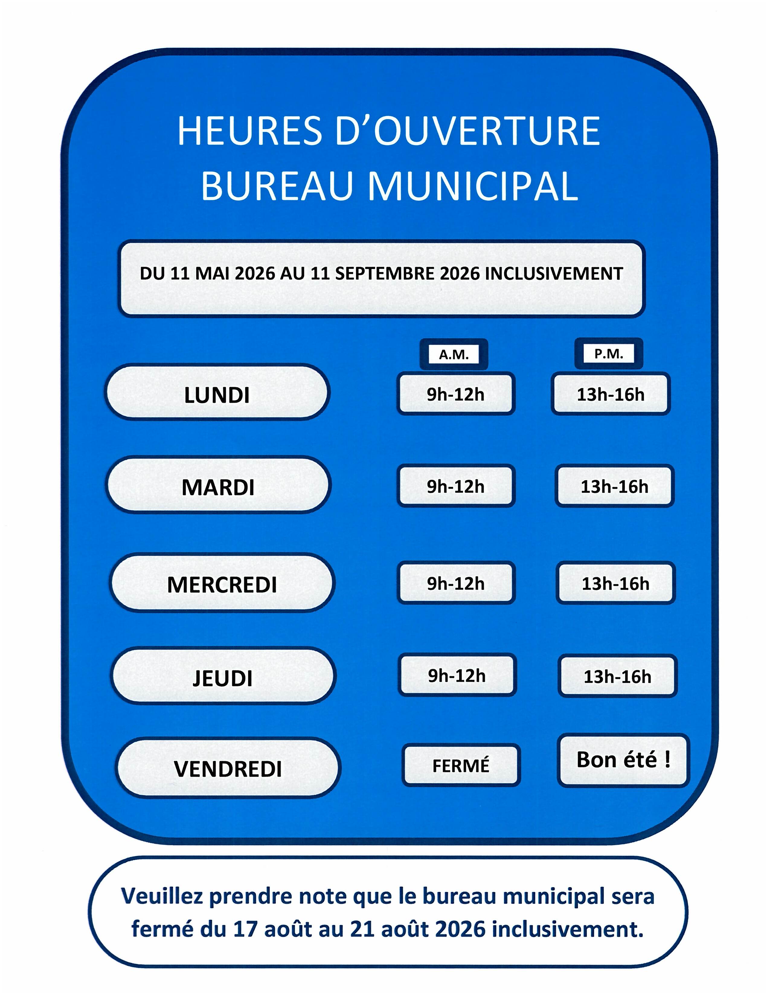 Horaire bureau municipal Été 2026